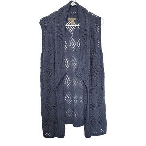 Peck & Peck Weekend Blue Crochet Open Front Vest Women M Longline Sleeveless